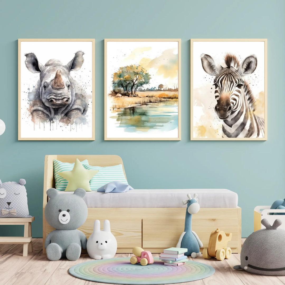 Lot de 3 affiches Lac & Animaux Savane Aquarelle - KoalaChicStudio